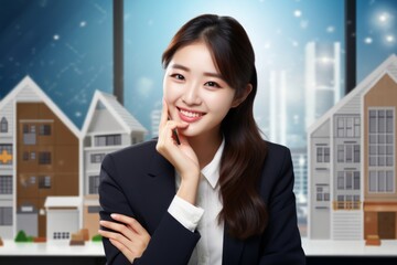 Wall Mural - Portrait of a smiling asian woman in her 20s showing a thumb up isolated on stylized simple home office background