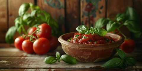 Wall Mural - Fresh Tomato Sauce in Rustic Bowl with Basil and Tomatoes on Wooden Background