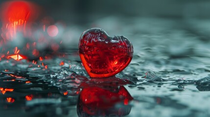 Wall Mural - Red heart in clear ice against a reflective dark backdrop. Concept of frozen emotions.