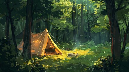 Wall Mural - cozy camping tent set up in lush green forest digital painting