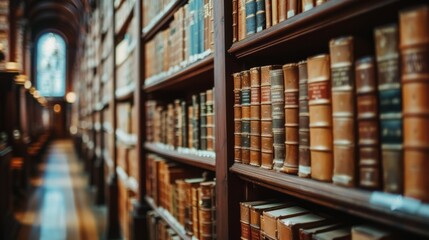 Poster - many books on a shelf in a library.