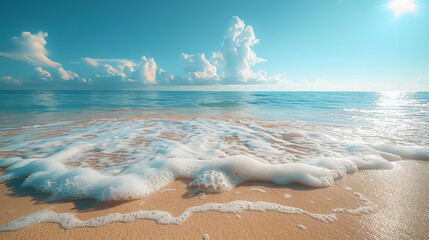 Poster - Ocean Waves on Sandy Beach, Gentle surf on golden sand under clear blue sky, Serene seascape.
