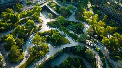 Wall Mural - Aerial photograph of a futuristic urban park, featuring innovative green spaces and modern architecture --ar 16:9 --style raw Job ID: 5e8e3ef3-7467-4877-a10f-b13eda912884