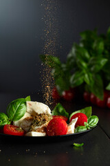 Mozzarella with basil, cherry tomatoes and pesto sauce sprinkled with Mediterranean spices.