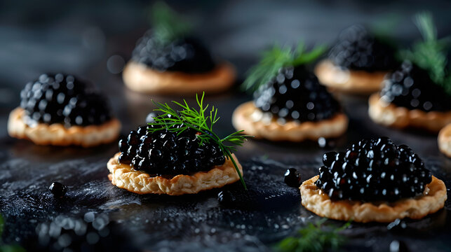 black caviar on wafle, gourmet delicacy epicure