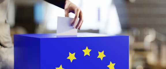 Elections in Europe concept. A hand throwing a sheet of paper into a box with the European flag. Selective focus on flag. 3d render