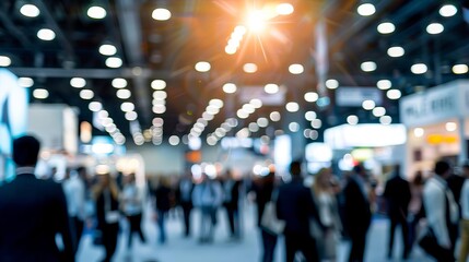 crowded trade fair with numerous booths and blurred silhouettes of business people event concept