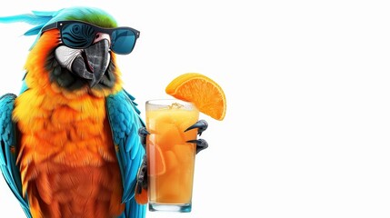 Wall Mural - In this cartoon, an exotic parrot holds a glass of orange juice and wears sunglasses