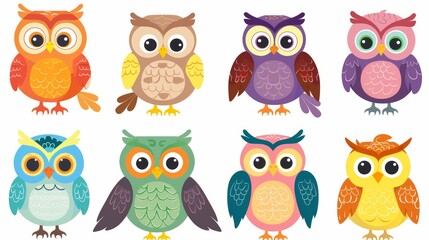 Sticker - This is a modern illustration of colorful cartoon funny owls set on a white background. They are happy and joyful birds set in a flat style.