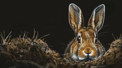 curious rabbit peeking out from underground burrow black background concept illustration