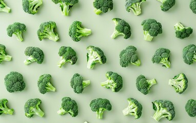 Wall Mural - Fresh broccoli heads arranged in a pattern on vibrant green background for healthy eating and cooking concept