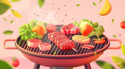 3D vector illustration of a cartoon-style barbecue grill with meat and vegetables on it, on a light pink background for the design cover page of a presentation or promotional materials. summer party