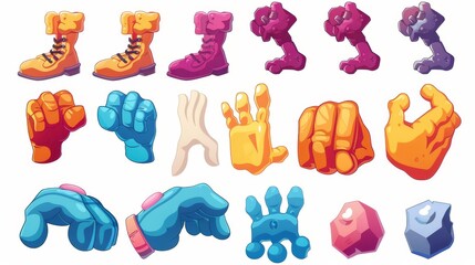 Wall Mural - Modern set of cartoon legs, arms, and hands. Comic funny character walking in shoes with hands in gloves. Animation mascot body parts modern.