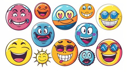 Wall Mural - Stylish set of 70's groovy comic faces modern. A collection of cartoon character faces, legs, and hands in different poses, with happy, angry, sad, and cheerful expressions.