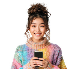 girl student cheering while holding a smartphone. transparent background.