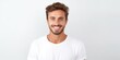 © Zickert - White background Happy european white man realistic person portrait of young beautiful Smiling man good mood Isolated on Background Banner