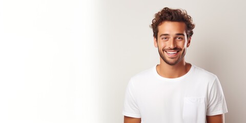 Wall Mural - White background Happy european white man realistic person portrait of young beautiful Smiling man good mood Isolated on Background Banner 