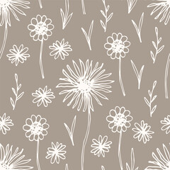 Wall Mural - Simple floral vector seamless pattern. Light outline of wildflowers on a gray background. For fabric prints, textile products, clothing, packaging.