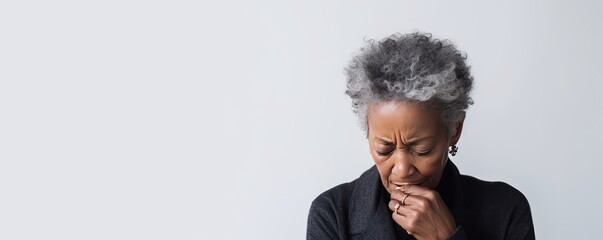 White background sad black American independent powerful Woman. Portrait of older mid-aged person beautiful bad mood expression girl Isolated