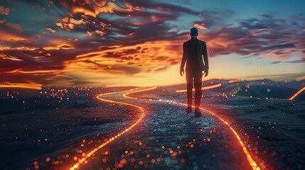 determined businessman striding confidently along illuminated career path 3d render concept illustration