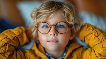 Wall Mural - little boy with wearing glasses on yellow background.photo illustration