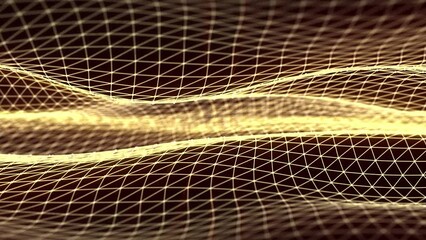 Wall Mural - looped animation of golden wireframe waves smoothly floating on a dark background with soft glow eff