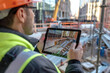 © acambium64 - A construction manager using a tablet to interact with a 3D model of the building under construction, reflecting on-site real-time updates. Use for National Construction Day