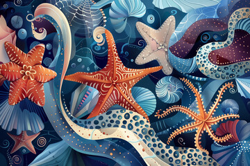 Wall Mural - Colorful illustration of underwater scene featuring starfish, octopus, and swirling ocean patterns