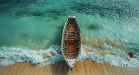 Wall Mural - View from top, Old boat on the shore beach, wave. Generative AI.