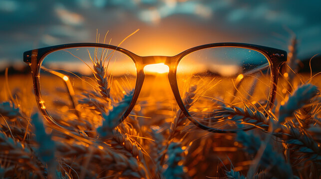detailed glasses in female hands, wheat field in lenses, purity and transparency of lenses, concept of harvesting bread, accessories for glasses
