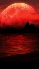 Wall Mural - vertical beach island silhouette in red large moon 4k loop features a silhouette of an island out in