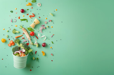 Wall Mural - A trash can with food waste inside, on light green background. Web banner with copyspace on the right