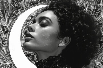Fototapete - Illustration of The High Priestess, shown as a crescent moon with intricate, intertwining patterns of light and shadow,