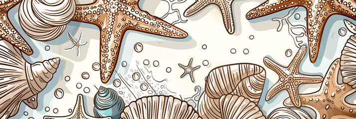 Wall Mural - Seashells and starfish with detailed textures and soft colors, vintage illustration banner. Panoramic web header. Wide screen wallpaper