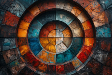 Fototapete - Abstract image of The Wheel of Fortune, represented by a circle divided into four quadrants, each with unique patterns and colors,