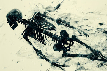 Fototapete - Illustration of Death, depicted as a skeletal figure dissolving into abstract shapes and lines, symbolizing transformation,