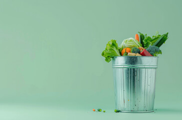 Wall Mural - A trash can with food waste inside, on light green background. Web banner with copyspace on the right