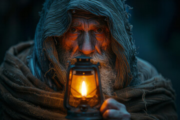 Fototapete - Depiction of The Hermit (card 9) as a lantern casting both light and shadow, symbolizing introspection and enlightenment,