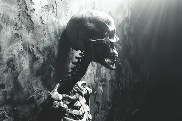 Fototapete - Artistic rendering of Death (card 13) with a skeletal figure half in shadow, half in light, symbolizing transformation and renewal,