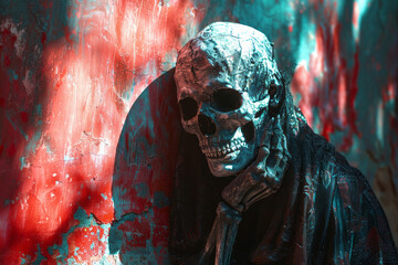 Fototapete - Artistic rendering of Death (card 13) with a skeletal figure half in shadow, half in light, symbolizing transformation and renewal,