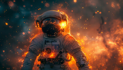 Wall Mural - a colorful astronaut is reaching out to a glowing cloud of colorful gas by ai generated image