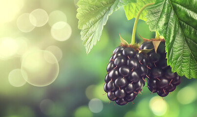 Wall Mural - Fresh ripe raspberries on a branch against the backdrop of an orchard.