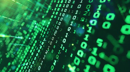 digital matrix technology background with binary code and data silhouette in green tones, copy space