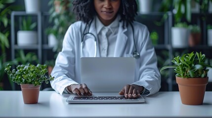 Wall Mural - online medical consultation doctor working on laptop computer in clinic office copy space.stock image