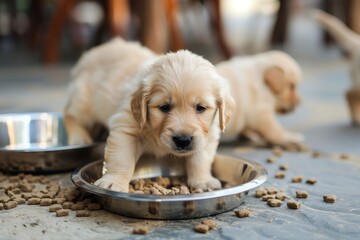 Wall Mural - Two puppies are eating out of a silver bowl