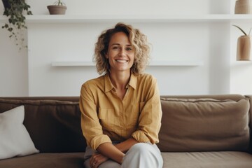 Wall Mural - Portrait of a blissful woman in her 40s smiling at the camera over crisp minimalistic living room