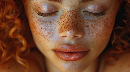 Wall Mural - close up of freckles on mixed race woman with her eyes closed.illustration