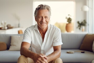 Wall Mural - Portrait of a glad man in his 60s with arms crossed isolated in crisp minimalistic living room