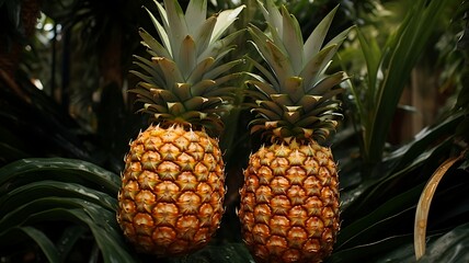 Poster - Juicy Tropical Delight: Two Ripe Pineapples Basking in Sun-Kissed Splendor, Bursting with Sweetness and Vibrant Flavor, a Taste of Paradise in Every Bite.