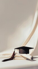 Illustration of a graduation cap resting on top of a diploma certificate on a white surface